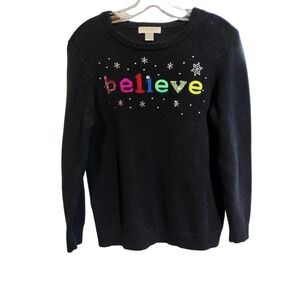 Christopher and Banks Christmas Holiday Sweater Black Knit Embellished Woman MED